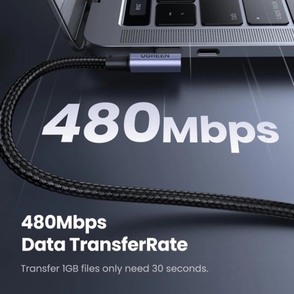 Фото - Кабель UGREEN US334 USB-C 2.0 to Angled USB-C M/M Cable Aluminium Shell with Braided 3m Black (20583)