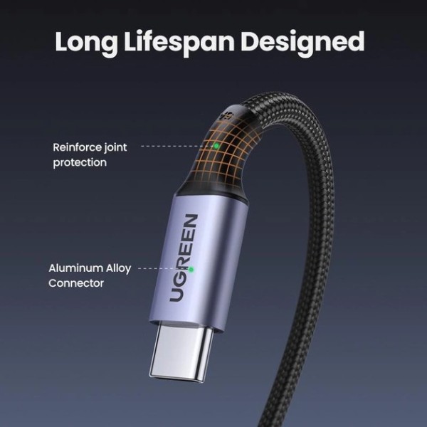 Фото - Кабель UGREEN US334 USB-C 2.0 to Angled USB-C M/M Cable Aluminium Shell with Braided 3m Black (20583)