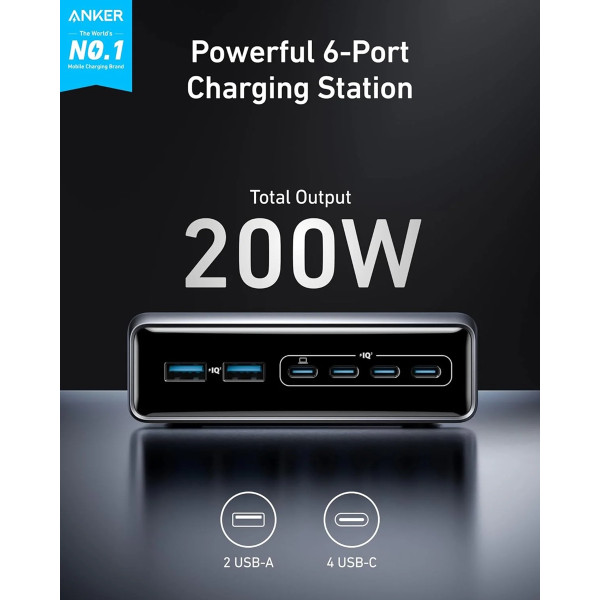 Фото - Мережевий зарядний пристрій Anker GaNPrime Charger - 200W, 4xUSB-C PD & 2xUSB-A Black (A2683341)