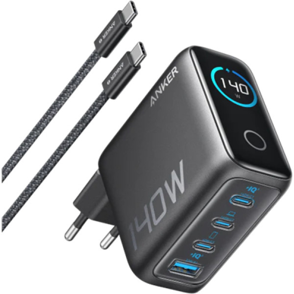 Фото - Мережевий зарядний пристрій Anker Laptop GaN Charger 140W, 3xUSB-C PD3.1 & 1xUSB-A w Display and Cable Black (B2697GZ1)