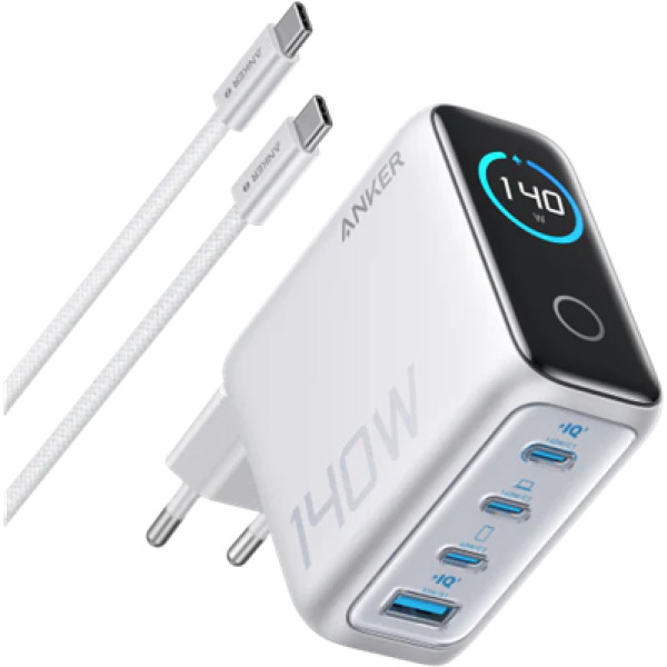 Фото - Мережевий зарядний пристрій Anker Laptop GaN Charger 140W, 3xUSB-C PD3.1 & 1xUSB-A w Display and Cable (Silver) (B2697G41)