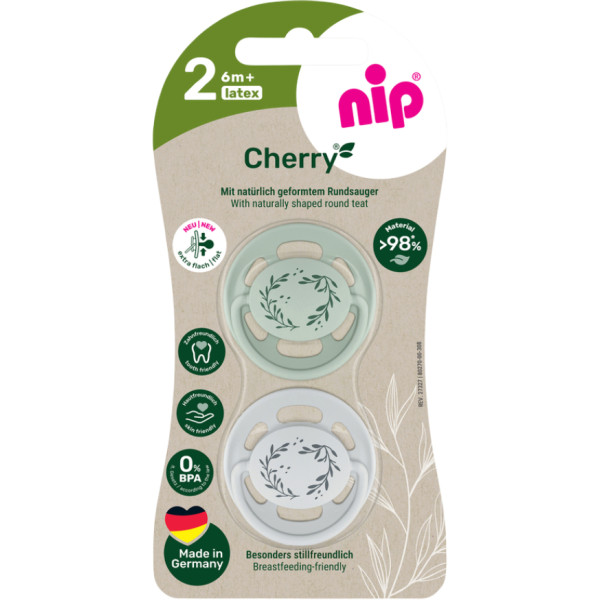 Фото - Круглая пустышка NIP Вишенка размер 2 зеленая/серая латекс от 6 мес. 2 шт. (91033-52)