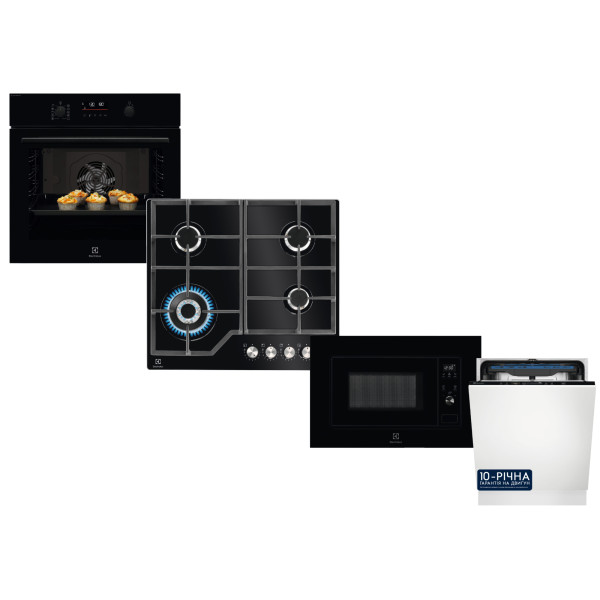 Фото - Комплект техніки Electrolux Духова шафа + Варильна поверхня + Мікрохвильова піч вбудована + Посудомийна машина вбудована Electrolux LOD6F77WZ + KGG64362K + LMS2203EMK + EMG48200L