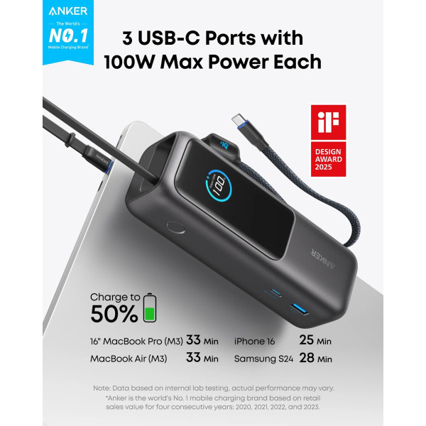 Фото - Батарея мобільна Anker 25000 mAh 165W PD Built-In Double USB-C Cables Black (A1695H11)