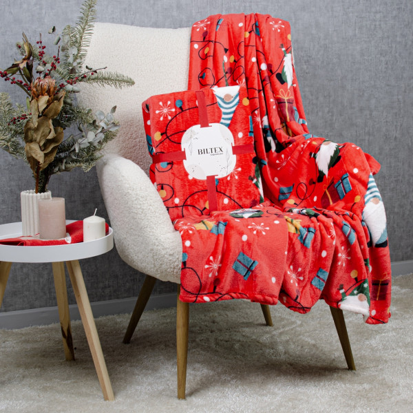 Фото - Плед полуторний Biltex новорічний червоний Party Gnomes 150х200 (4820298410505)