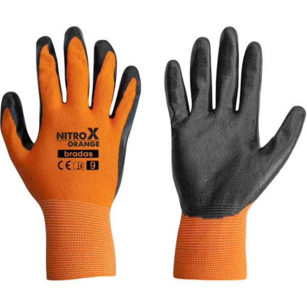 Фото - Перчатки садовые BRADAS Nitrox Orange с нитриловым покрытием, размер 8, 12 пар Черные с оранжевым (RWNO8)