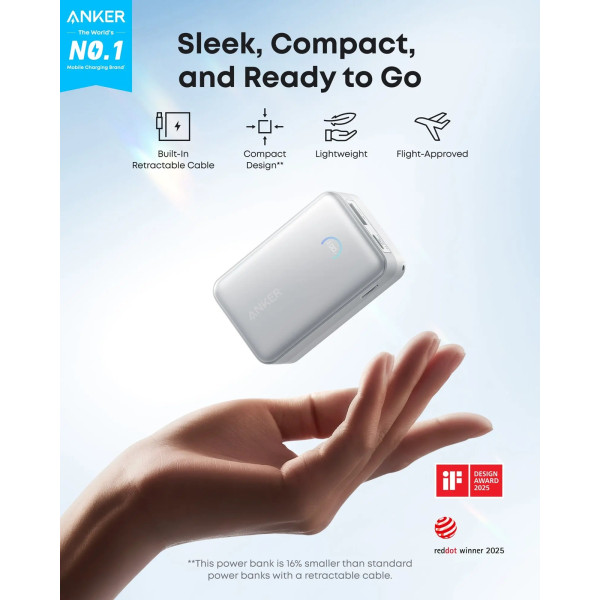 Фото - Батарея мобильная Anker Nano - 10000 mAh 45W Built-In USB-C Cable White (A1638H21)