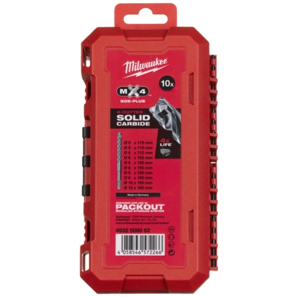 Фото - Набір бурів Milwaukee SDS-PLUS MX4 PACKOUT 10 шт. (4932500062)