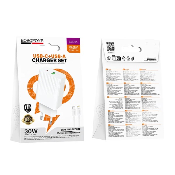 Фото - Сетевое зарядное устройство BOROFONE BAS76A Source PD30W+QC3.0 charger set(C to iP) White (6941991122903)