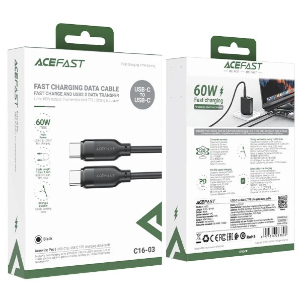 Фото - Кабель AceFast C16-03, Type-C to Type-C, 60W, 1.2m Black (6974316283805)