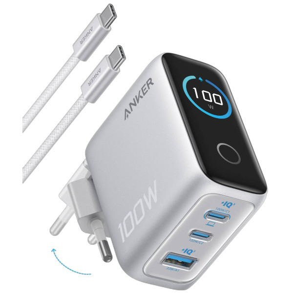 Фото - Сетевое зарядное устройство Anker GaN Charger 100W, 2xUSB-C PD & 1xUSB-A w Display and Cable Silver (B121BG41) Фото - Сетевое зарядное устройство Anker GaN Charger 100W, 2xUSB-C PD & 1xUSB-A w Display and Cable Silver (B121BG41)