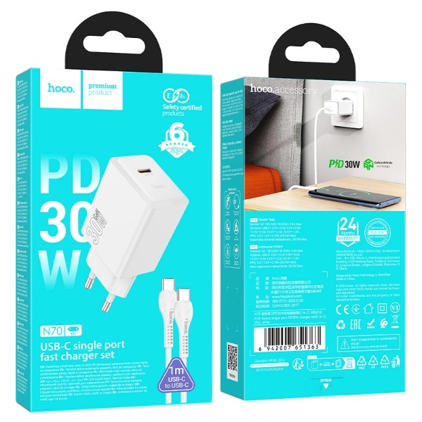 Фото - Сетевое зарядное устройство HOCO N70 PD30W charger set(C to C) White (6942007651363)