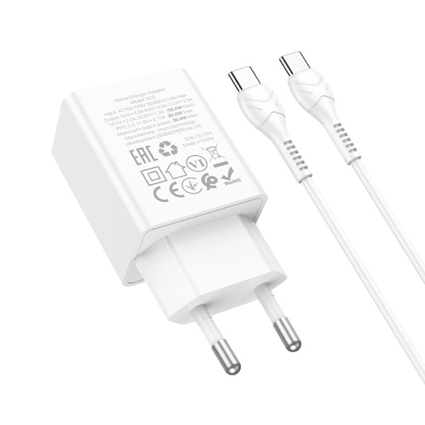 Фото - Сетевое зарядное устройство HOCO N70 PD30W charger set(C to C) White (6942007651363)