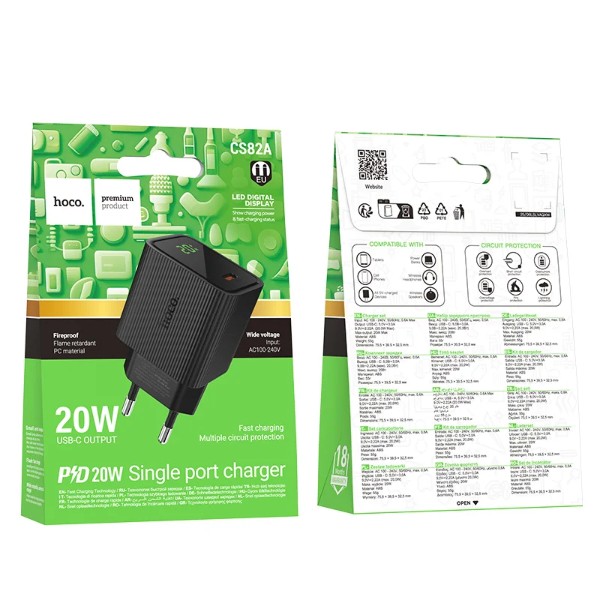 Фото - Мережевий зарядний пристрій HOCO CS82A PD20W charger with digital display(EU) Black (6942007664493)