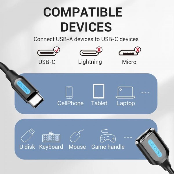 Фото - Перехідник Vention USB 2.0 Type-C --> USB AF (OTG), 0.15m (CCSBB)
