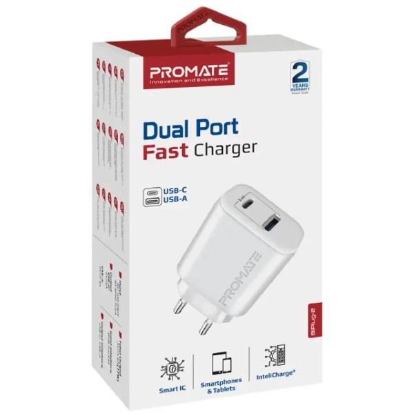 Фото - Мережевий зарядний пристрій Promate Biplug-2 White