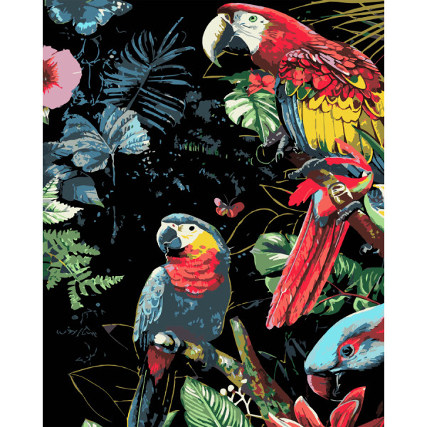 Фото - Картина за номерами Strateg Яскраві папуги на чорному фоні 40х50 см (AH1201-19)