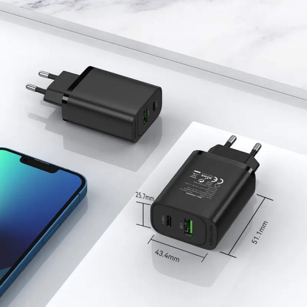 Фото - Мережевий зарядний пристрій Vention 2xUSB 38W (USB-C+USB-A) PD+QC3.0 (FBIB0-EU)