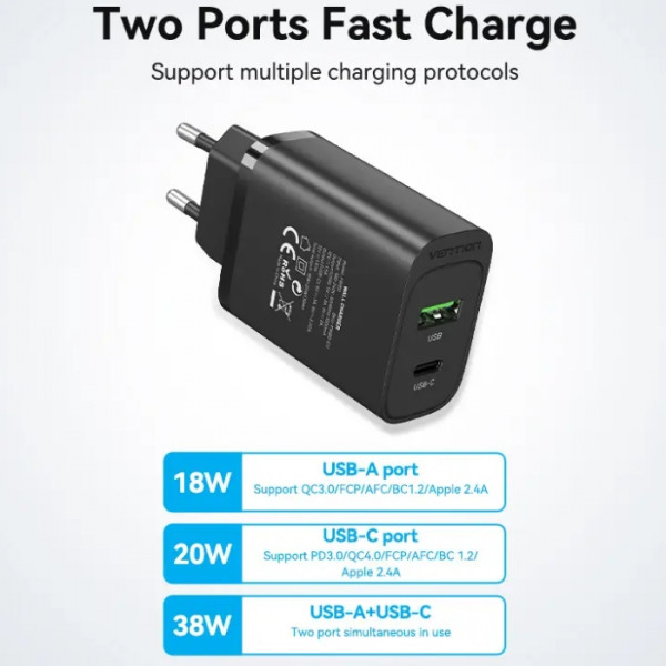 Фото - Мережевий зарядний пристрій Vention 2xUSB 38W (USB-C+USB-A) PD+QC3.0 (FBIB0-EU)