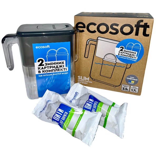 Фото - Фільтр-глечик Ecosoft Slim графітовий + 2 картриджа Фото - Фільтр-глечик Ecosoft Slim графітовий + 2 картриджа