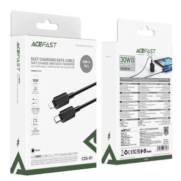 Фото - Кабель AceFast C26-01 USB-C to L PVC Black (6974316287087)