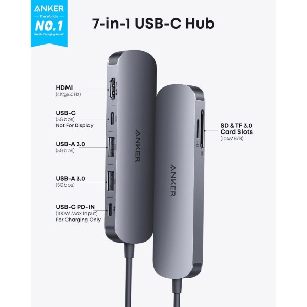 Фото - Хаб USB Anker Nano USB-C Hub 7-in-1, PD in 100W, 4K HDMI, 2xUSB-A, USB-C, SD Black (A83D2HA1)