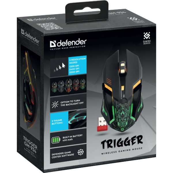 Фото - Мышь беспроводная игровая Defender Trigger GM-934, Gaming, LED,6 кн,3200dpi, rechargeable Black (52934)