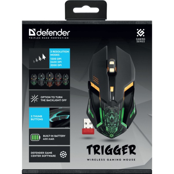 Фото - Мышь беспроводная игровая Defender Trigger GM-934, Gaming, LED,6 кн,3200dpi, rechargeable Black (52934)