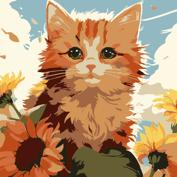 Фото - Картина за номерами Strateg Рудий кіт з соняшниками 20х20 (HH8032)