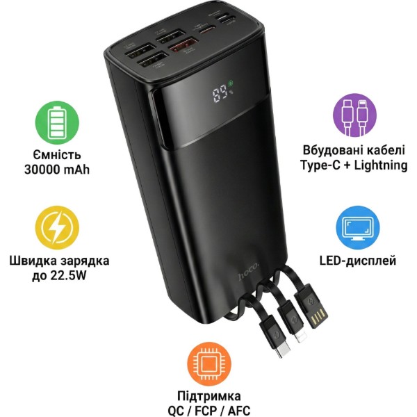 Фото - Батарея мобильная HOCO DB89B Element 22.5W + встроенные кабели + LED 30000 mAh Black (715032)