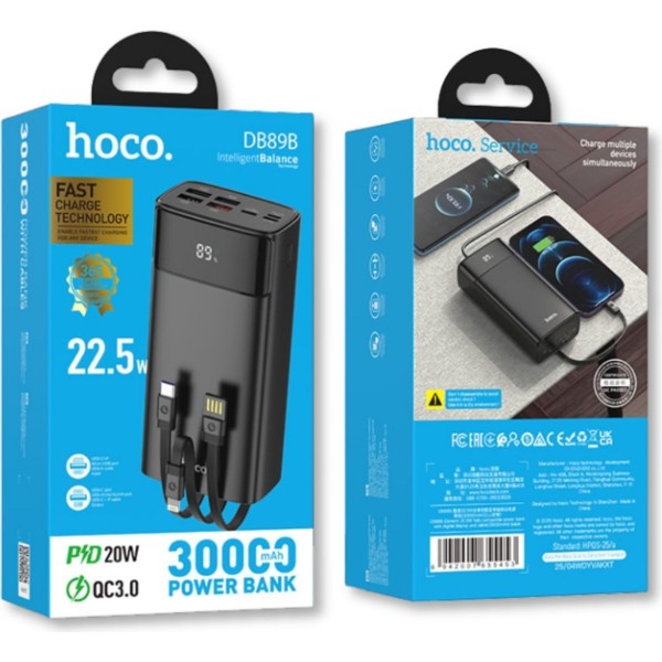 Фото - Батарея мобильная HOCO DB89B Element 22.5W + встроенные кабели + LED 30000 mAh Black (715032)