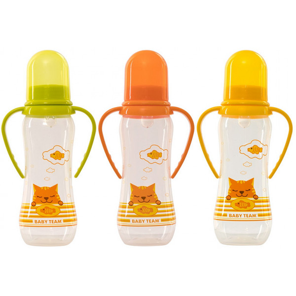 Фото - Бутылочка для кормления Baby Team с силиконовой соской и ручками, 250 мл. (1411_желтый)