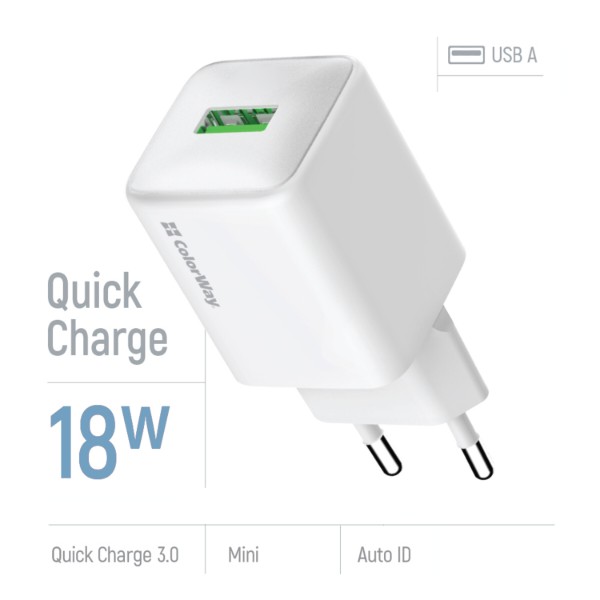 Фото - Уцінка - Мережевий зарядний пристрій Colorway 1USB Quick Charge 3.0 18W V2 White (CW-CHS063Q-WT)