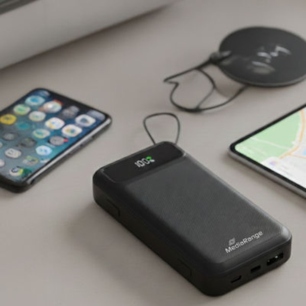 Фото - Батарея мобильная MediaRange Powerbank 20.000 mAh, USB-C, Lightning Charging Cables, Black (MRMA756)