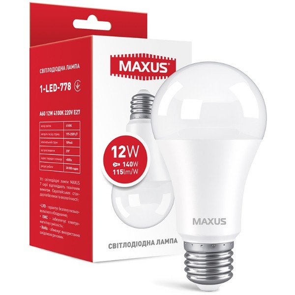 Фото - Уцінка - Лампочка світлодіодна Maxus A60 12W 4100K 220V E27 (1-LED-778)