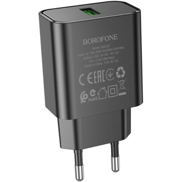 Фото - Мережевий зарядний пристрій BOROFONE BA72A QC3.0 Black (6974443388541)
