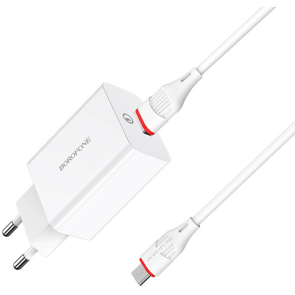 Фото - Мережевий зарядний пристрій BOROFONE BA21A Long journey single port QC3.0 charger set Micro 18W White (6931474702470)