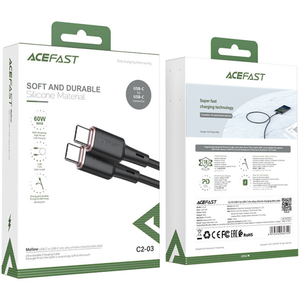 Фото - Кабель синхронізації даних AceFast C2-03 Type-C to Type-C 3A, 60W 1.2m Black (6974316280729)