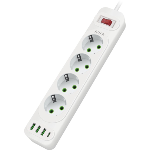 Фото - Сетевой фильтр Aura Energy 4+3 USB-A + USB-C (PD) 2M White (AUEMFP43PD2MW)