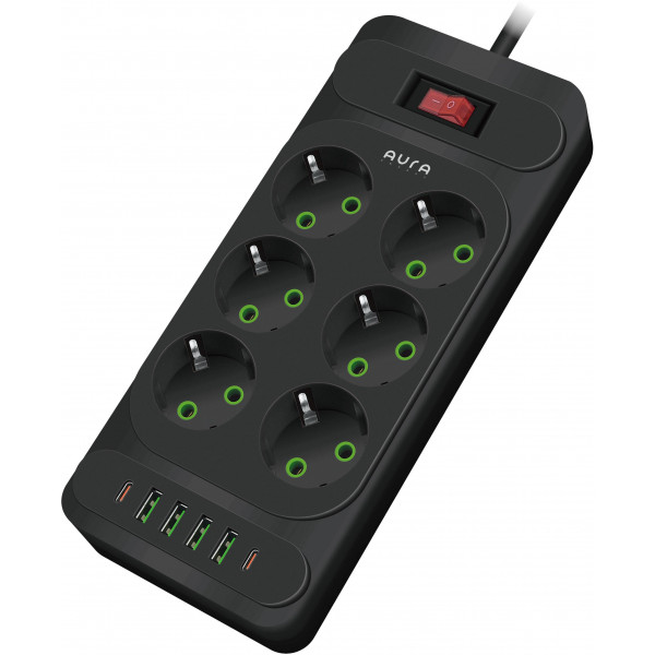 Фото - Мережевий фільтр Aura Energy 6+4 USB-A + 2 USB-C (PD) 2M Black (AUEMFP64PD2MB)