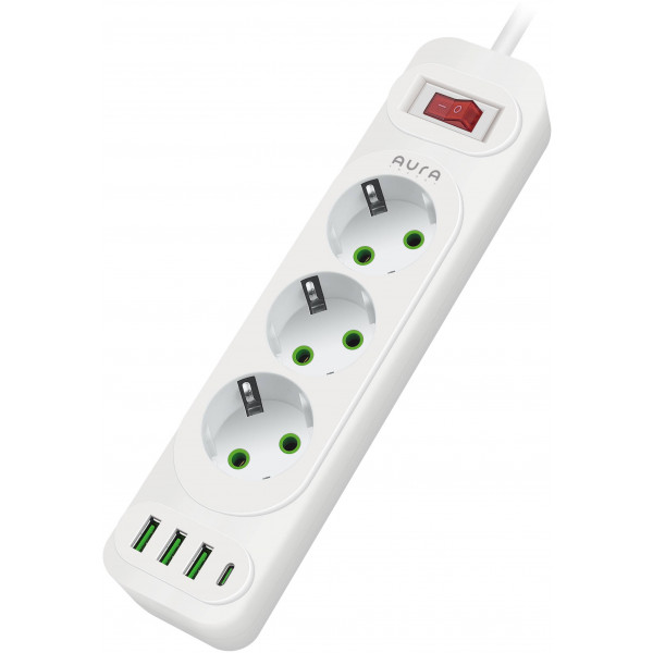Фото - Мережевий фільтр Aura Energy 3+3 USB-A + USB-C (PD) 2M White (AUEMFP33PD2MW)