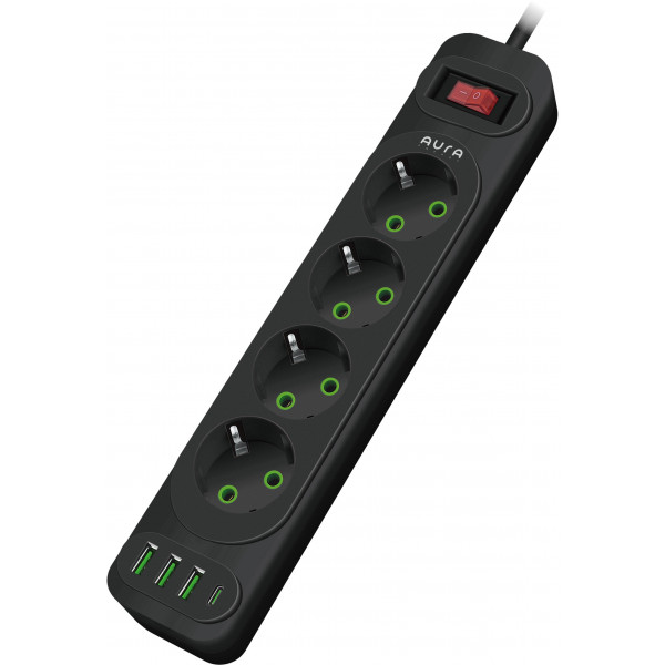 Фото - Мережевий фільтр Aura Energy 4+3 USB-A + USB-C (PD) 2M Black (AUEMFP43PD2MB)