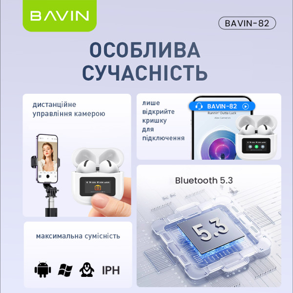 Фото - Навушники вкладиші бездротові TWS Bavin Hi-Res LCD TOUGH White (HB-BA-82-WH)