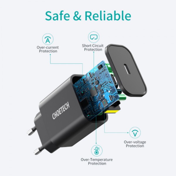 Фото - Мережевий зарядний пристрій Choetech 1xUSB 20W (1 USB-C) PD matte wall charger Black (Q5004-EU-BK)