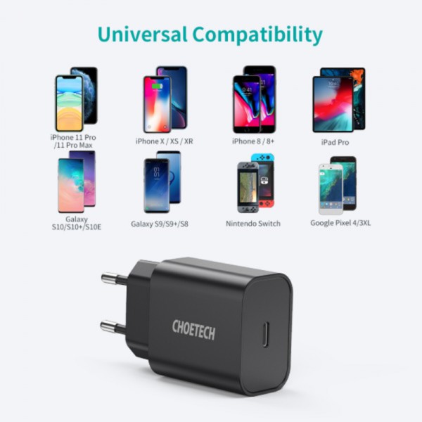 Фото - Мережевий зарядний пристрій Choetech 1xUSB 20W (1 USB-C) PD matte wall charger Black (Q5004-EU-BK)