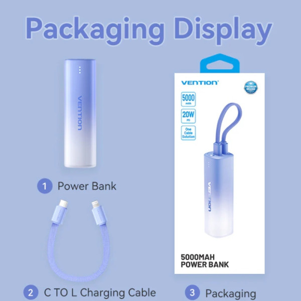 Фото - Уценка - Батарея мобильная Vention 5000mAh 20W PD, USB-C In/Out, Lightning In/Out, with cable, Gradient Blue (FHWL0)