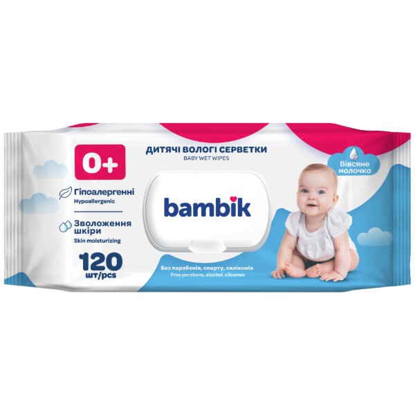 Фото - Вологі серветки для немовлят Bambik з вівсяним молочком із клапаном, 120 шт. (43406100) Фото - Вологі серветки для немовлят Bambik з вівсяним молочком із клапаном, 120 шт. (43406100)