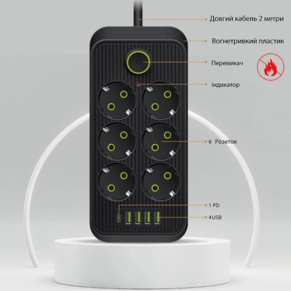 Фото - Мережевий фільтр XOKO SP-6-4-1 2 м 6 розетки 5 USB Black (XК-SP6-4-1-BK)
