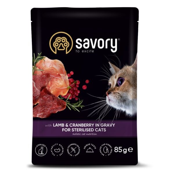 Фото - Набор влажного корма для кошек Savory Cat Pouch for Sterilised with Lamb and Cranberry in Gravy 85 г, 18+4 шт. (2700000029336)