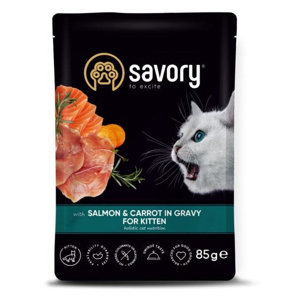 Фото - Набор влажного корма для кошек Savory Cat Pouch for Kitten with Salmon and Carrot in Gravy 85 г, 18+4 шт. (2700000029312)